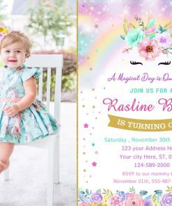Rainbow Unicorn first Birthday Party Invitation, Unicorn Theme, Unicorn Party Girl Invitation